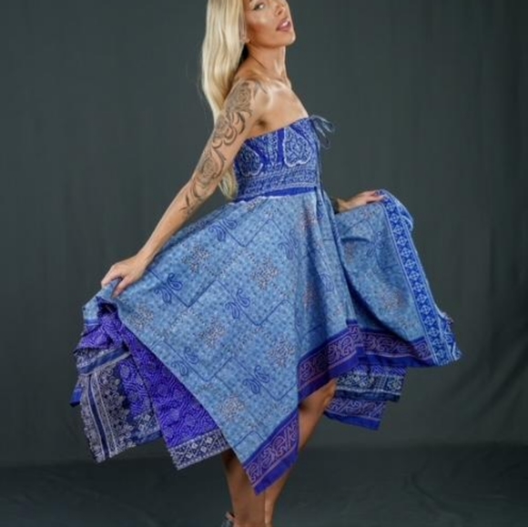 Brand New Sustainably Designed Blue Boho Silk Dress/Skirt - Picture 7 of 8